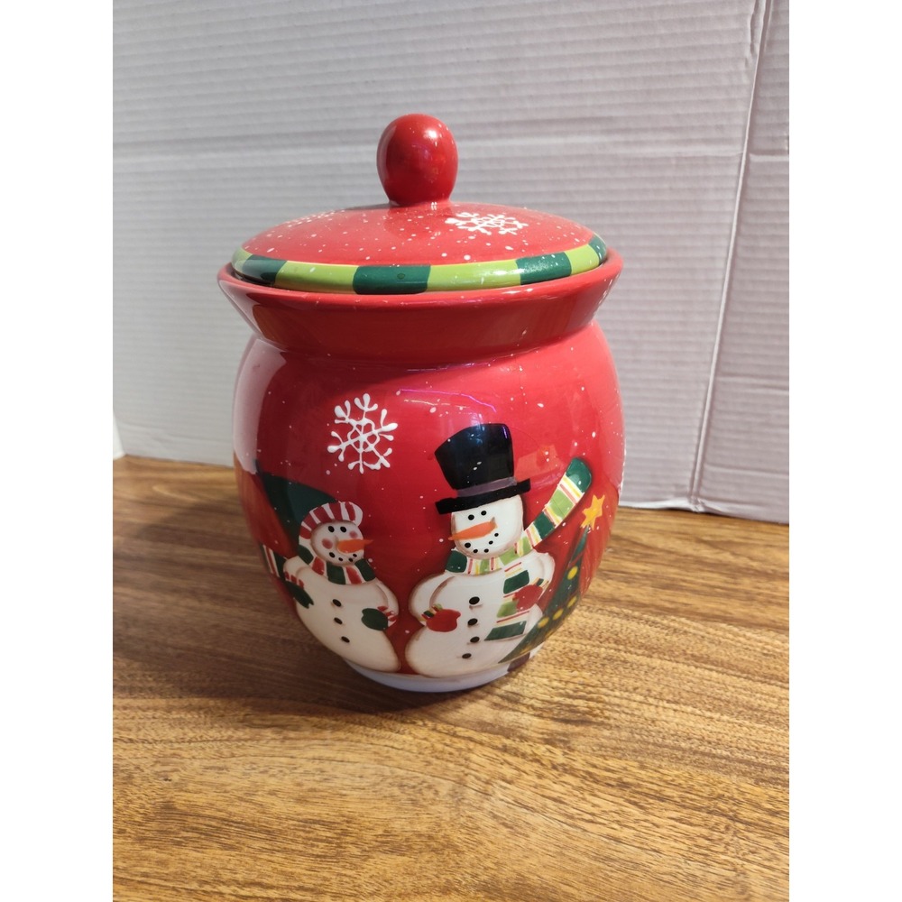 Rare Crofton Snowman Christmas Cookie Jar Red With Snowflakes